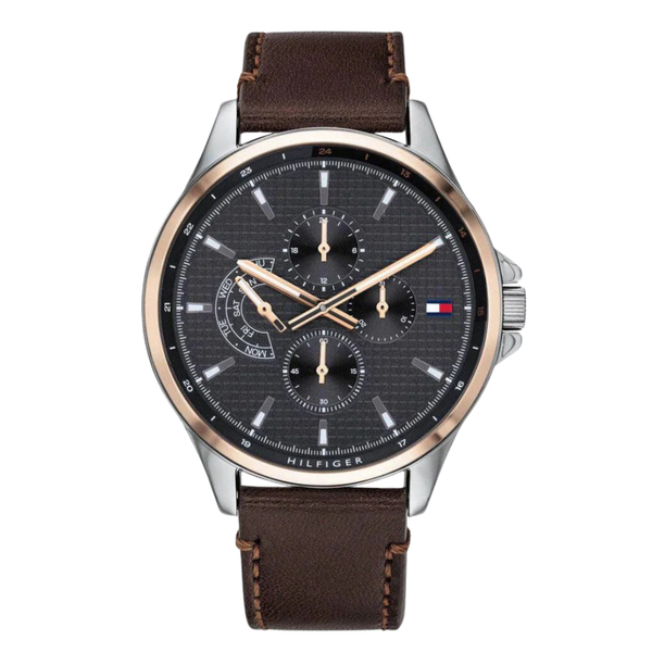 Tommy Hilfiger Shawn Brown Leather Strap Black Dial Quartz Watch for Gents - 1791615
