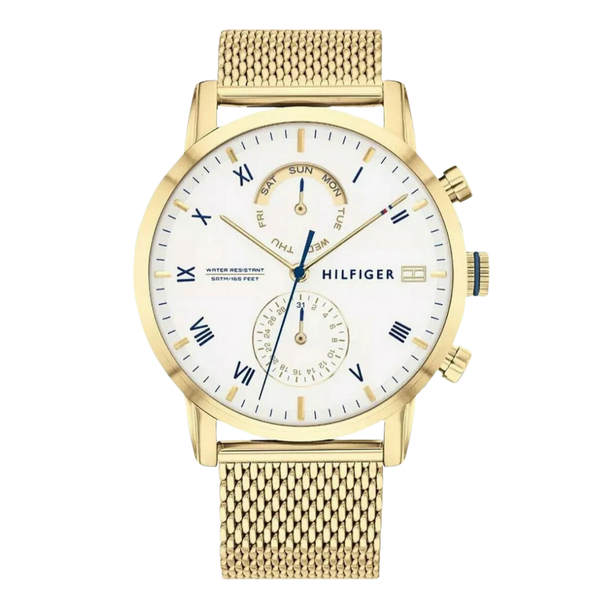 Tommy Hilfiger Kane Gold Mesh Bracelet White Dial Chronograph Quartz Watch for Gents - 1710403