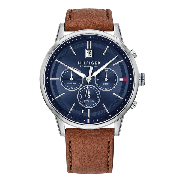 Tommy Hilfiger Kyle Brown Leather Strap Blue Dial Chronograph Quartz Watch for Gents - 1791629