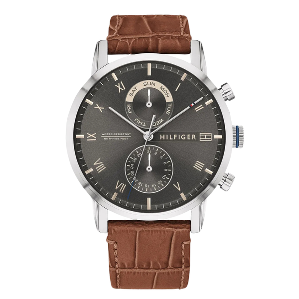 Tommy Hilfiger Kane Brown Leather Strap Black Dial Chronograph Quartz Watch for Gents - 1710398