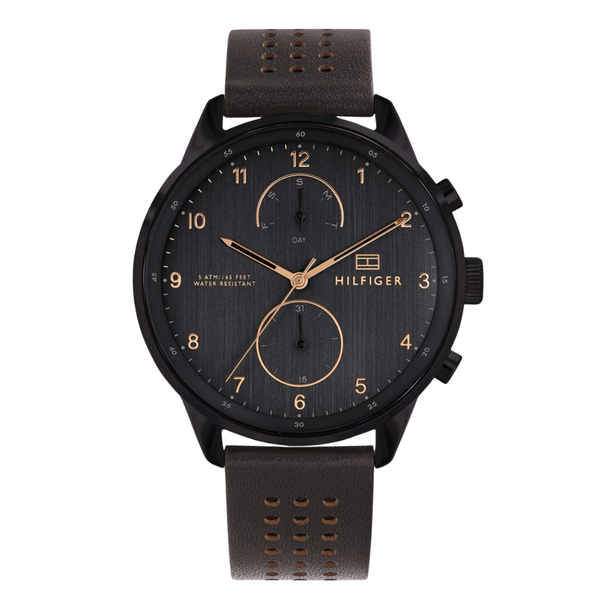 Tommy Hilfiger Chase Brown Leather Strap Black Dial Chronograph Quartz Watch for Gents - 1791577