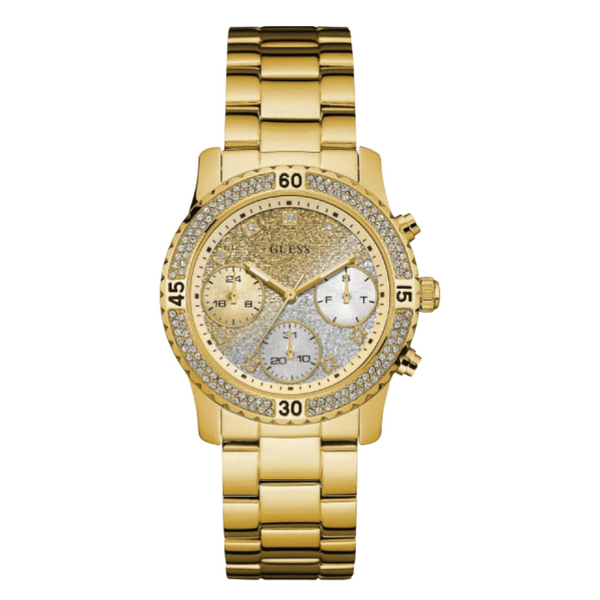 Guess Confetti Gold Stainless Steel Multi Color Dial Chronograph Quartz Watch for Ladies - W0774L5