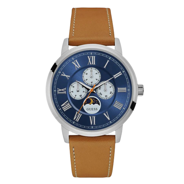 Guess Delancy Brown Leather Strap Blue Dial Quartz Watch for Gents - W0870G4