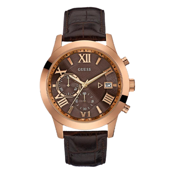 Guess Atlas Brown Leather Strap Brown Dial Chronograph Quartz Watch for Gents - W0669G1