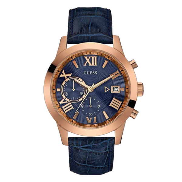 Guess Atlas Blue Leather Strap Blue Dial Chronograph Quartz Watch for Gents - W0669G2