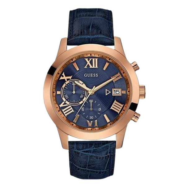 Guess Atlas Blue Leather Strap Blue Dial Chronograph Quartz Watch for Gents - W0669G2