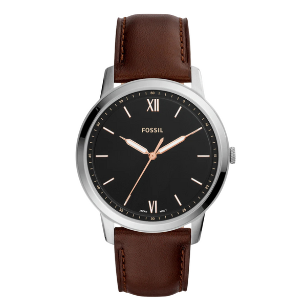 Fossil Minimalist Brown Leather Strap Black Dial Quartz Watch for Gents - FS5464