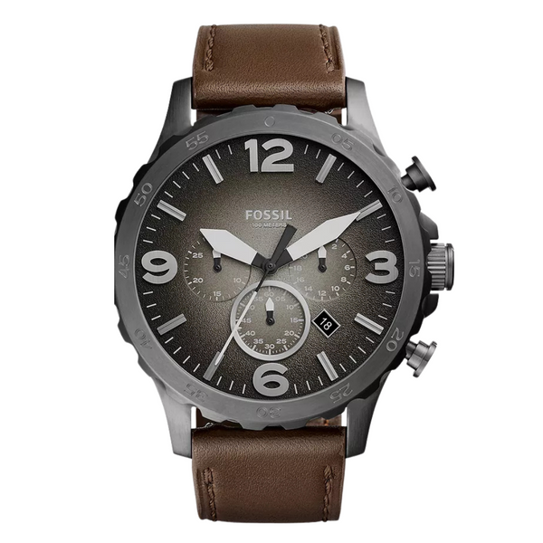 Fossil Nate Brown Leather Strap Grey Dial Chronograph Quartz Watch for Gents - JR1424