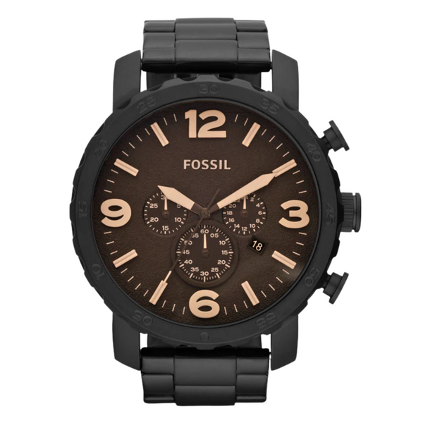 Fossil Nate Black Stainless Steel Brown Dial Chronograph Quartz Watch for Gents - JR1356