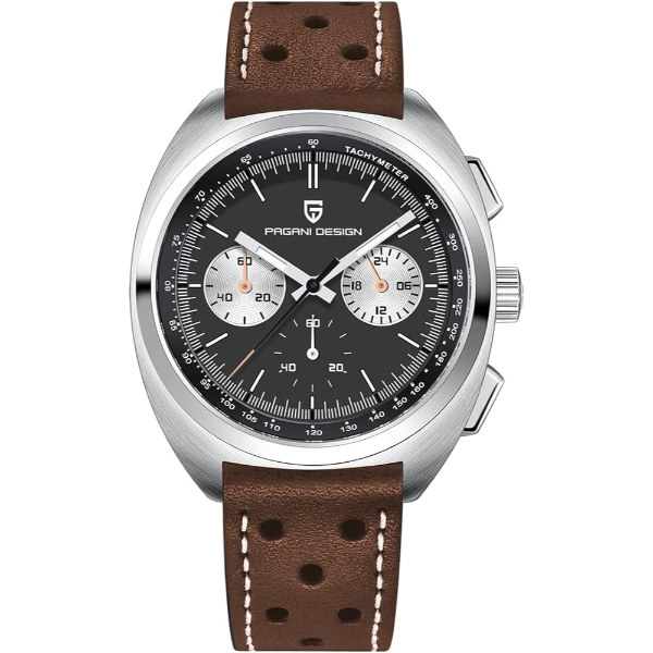 Pagani Design Brown Leather Strap Black Dial Chronograph Quartz Watch for Gents - PD1782