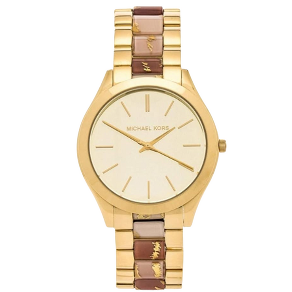 Michael Kors Slim Runway Two-tone Stainless Steel Gold Dial Quartz Watch for Ladies - MK-4300