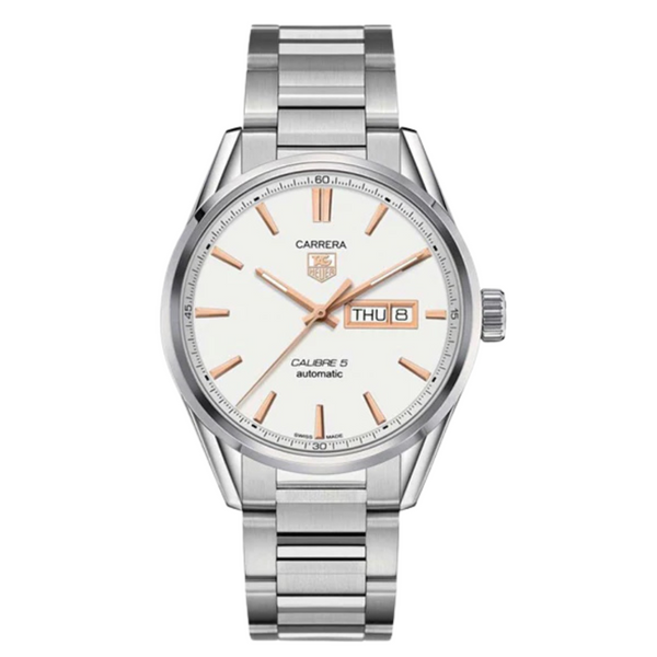 Tag Heuer Carrera Calibre 5 Silver Stainless Steel Silver Dial Automatic Watch for Gents- WAR201D.BA0723