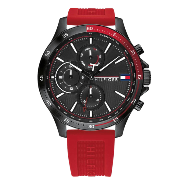Tommy Hilfiger Bank Red Rubber Strap Black Dial Chronograph Quartz Watch for Gents - 1791722