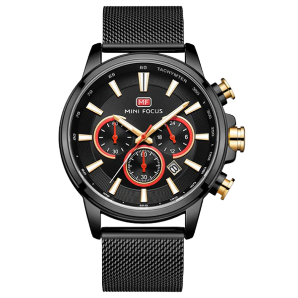 Mini Focus Black Mesh Bracelet Black Dial Chronograph Quartz Watch for Gents - MF0142G-02