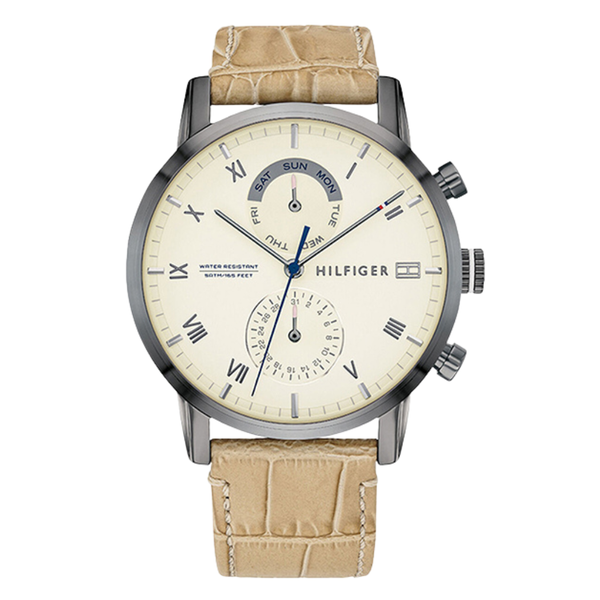 Tommy Hilfiger Kane Beige Leather Strap Cream Dial Chronograph Quartz Watch for Gents - 1710399