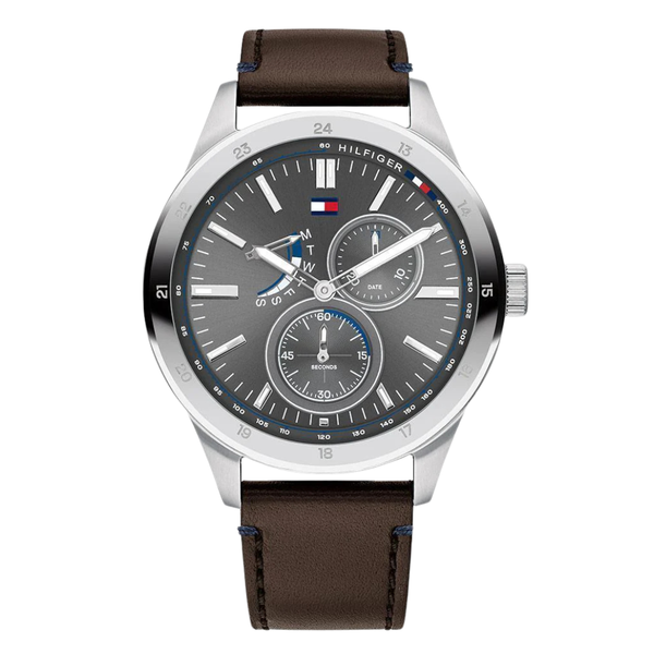 Tommy Hilfiger Austin Brown Leather Strap Grey Dial Quartz Watch for Gents - 1791637