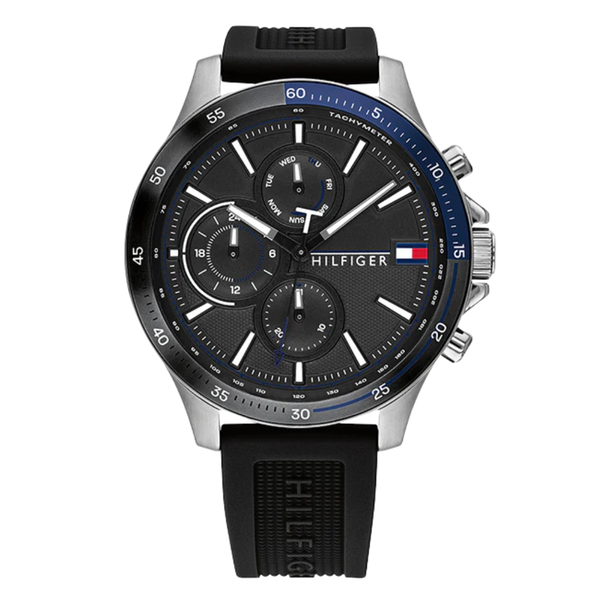 Tommy Hilfiger Bank Black Rubber Strap Black Dial Chronograph Quartz Watch for Gents - 1791724