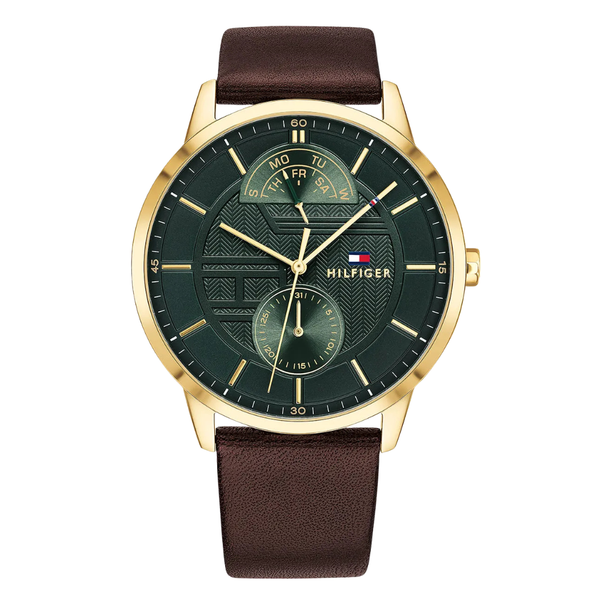 Tommy Hilfiger Hunter Brown Leather Strap Green Dial Quartz Watch for Gents - 1791607