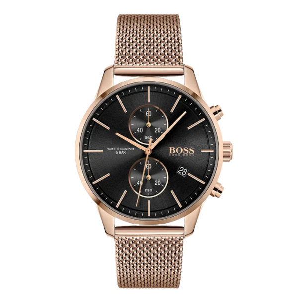 HUGO BOSS Associate Rose Gold Mesh Bracelet Black Dial Chronograph Quartz Watch for Gents - HUGO BOSS 1513806