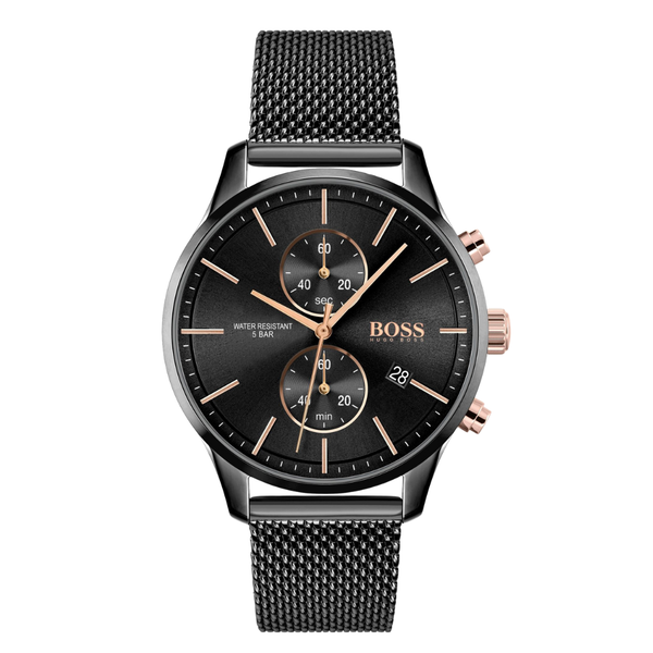 HUGO BOSS Associate Black Mesh Bracelet Black Dial Chronograph Quartz Watch for Gents - HUGO BOSS 1513811