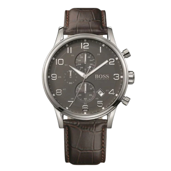 HUGO BOSS Aeroliner Brown Leather Strap Grey Dial Chronograph Quartz Watch for Gents - HUGO BOSS 1512570