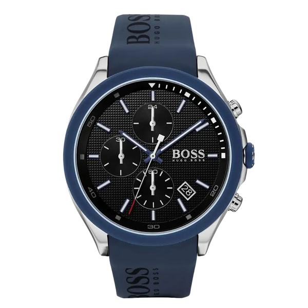 HUGO BOSS Velocity Blue Silicone Strap Black Dial Chronograph Quartz Watch for Gents - HUGO BOSS 1513717