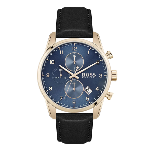 HUGO BOSS Skymaster Black Leather Strap Blue Dial Chronograph Quartz Watch for Gents - HUGO BOSS 1513783