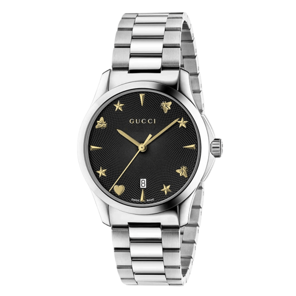 Gucci G-Timeless Silver Stainless Steel Black Guilloche Dial Quartz Watch for Ladies- GUCCI YA1264029