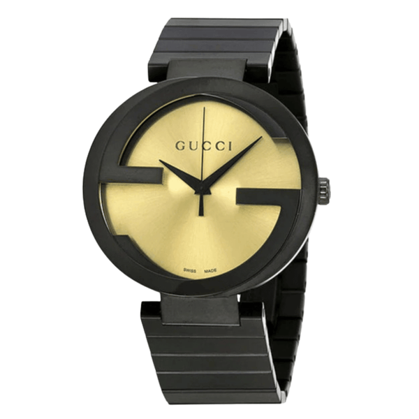 Gucci Interlocking Grammy XL Black Stainless Steel Golden Dial Quartz Watch for Gents- GUCCI YA133209