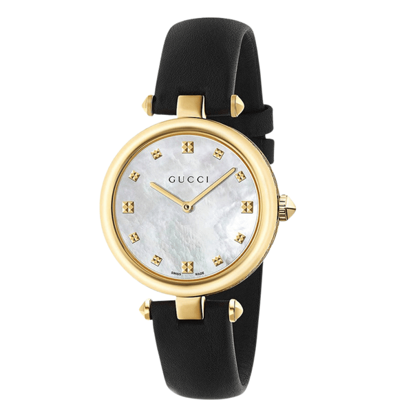Gucci Diamantissima Black Leather Mother of Pearl Dial Quartz Watch for Ladies- GUCCI YA141404