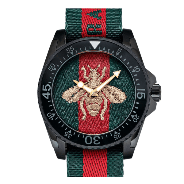 Gucci Dive Bee Two-tone Nylon Green & Red Dial Quartz Watch for Gents- GUCCI YA136216