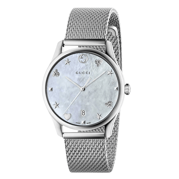 Gucci G-Timeless Silver Stainless Steel Mother of Pearl Dial Quartz Watch for Ladies- GUCCI YA1264040