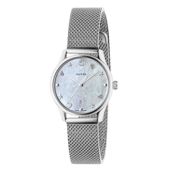 Gucci G-Timeless Silver Stainless Steel Mother of Pearl Dial Quartz Watch for Ladies- GUCCI YA126583