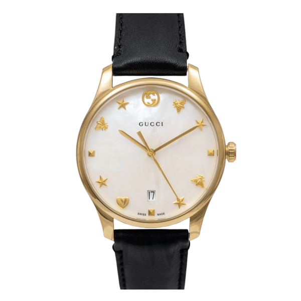 Gucci G-Timeless Black Leather Mother of Pearl Dial Quartz Watch for Ladies- GUCCI YA1264044