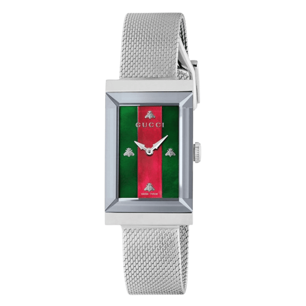 Gucci G-Frame Silver Mesh Bracelet Mother of Pearl Dial Quartz Watch for Ladies- YA147401