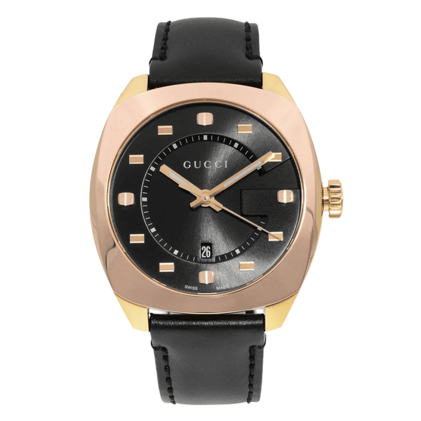 Gucci GG2570 Black Leather Black Dial Quartz Watch for Gents- GUCCI YA142309