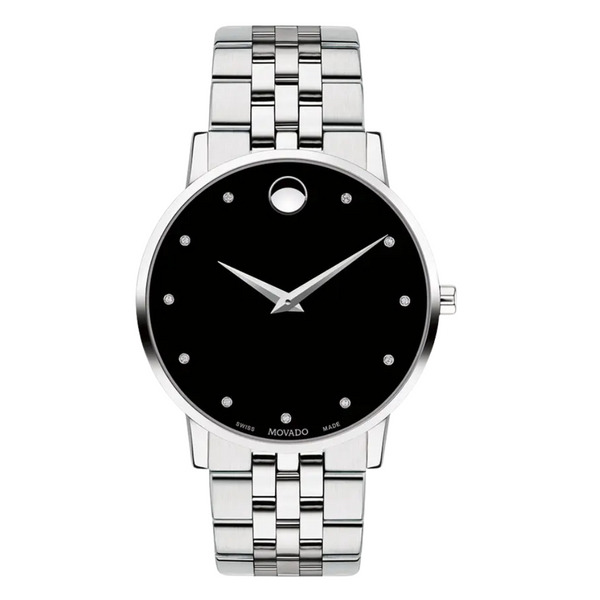 Movado Museum Silver Stainless Steel Black Dial Quartz Watch for Gents- 0607201