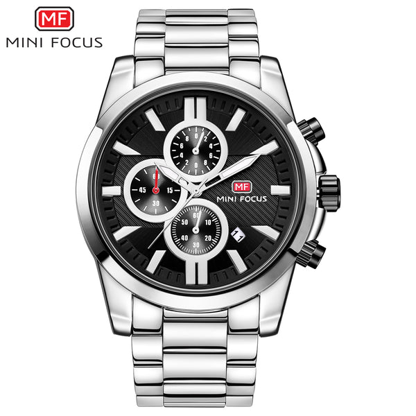 Mini Focus Silver Stainless Steel Black Dial Chronograph Quartz Watch for Gents - MF0134G-03