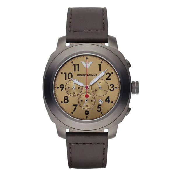 EMPORIO ARMANI Sportivo Brown Leather Gold Sunray Dial Quartz Watch for Gents- EMPORIO ARMANI AR 6055