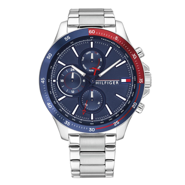Tommy Hilfiger Bank Silver Stainless Steel Blue Dial Chronograph Quartz Watch for Gents - 1791718
