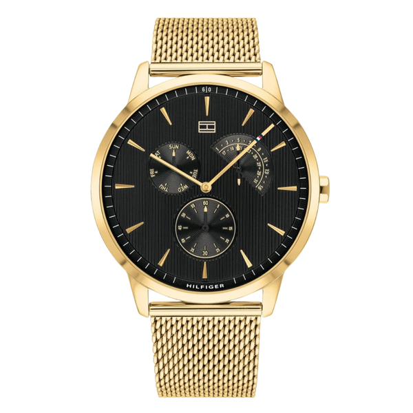 Tommy Hilfiger Brad Gold Mesh Bracelet Black Dial Quartz Watch for Gents - 1710386