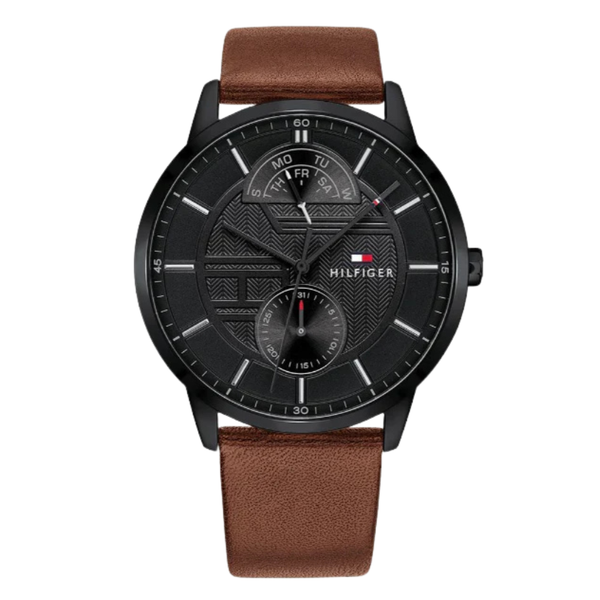 Tommy Hilfiger Hunter Brown Leather Strap Black Dial Quartz Watch for Gents - 1791604