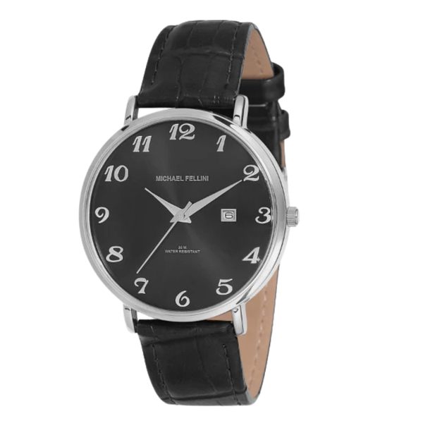 Michael Fellini Black Leather Strap Black Dial Quartz Watch for Gents - MF2226-3