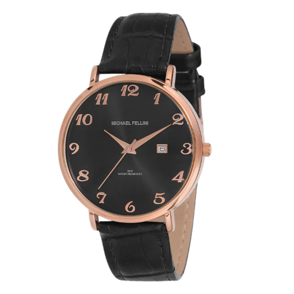 Michael Fellini Black Leather Strap Black Dial Quartz Watch for Gents - MF2226-6