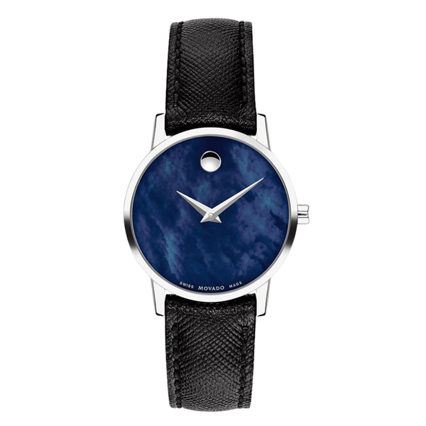 Movado Museum Classic Black Leather Strap Blue Mother of Pearl Dial Quartz Watch for Ladies - Movado 0607422
