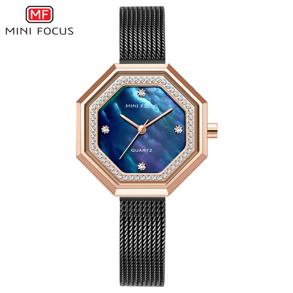 Mini Focus Black Mesh Bracelet Mother Of Pearl Dial Quartz Watch for Ladies - MF0304L-05