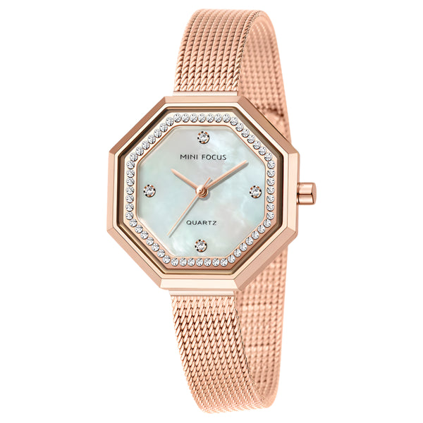 Mini Focus Rose Gold Mesh Bracelet Silver Dial Quartz Watch for Ladies - MF0304L-03