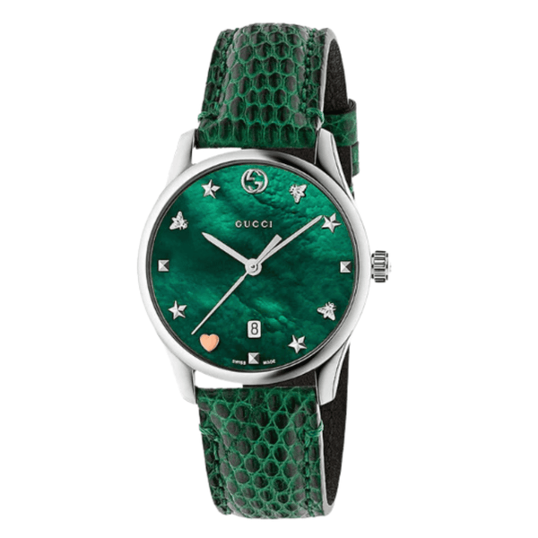 Gucci G-Timeless Green Leather Strap Green Mother of Pearl Dial Quartz Watch for Ladies - GUCCI YA 1264042