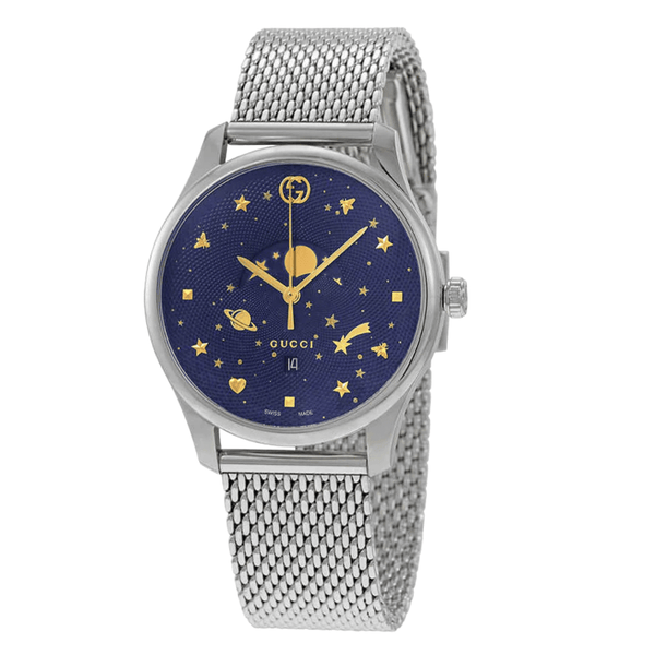 Gucci G-Timeless Moonphase Silver Mesh Bracelet Blue Dial Quartz Watch for Gents - GUCCI YA 126328