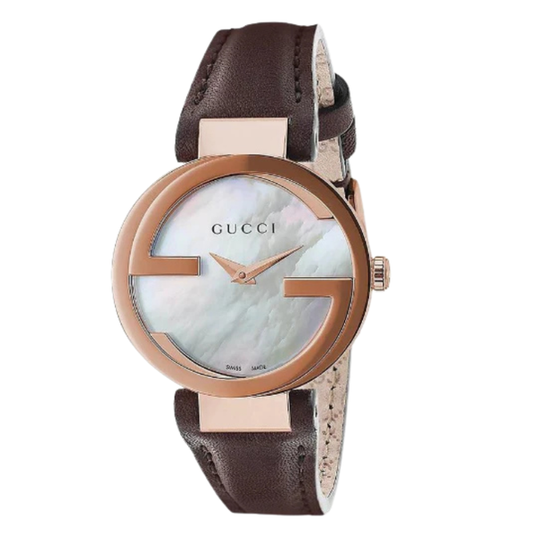Gucci Interlocking-G Brown Leather Strap Mother of Pearl Dial Quartz Watch for Ladies - GUCCI YA 133516